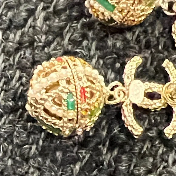 CHANEL Gold-Tone Double C Drop Earrings with Multicolor Enamel and Pearl Accents - Picture 11 of 15